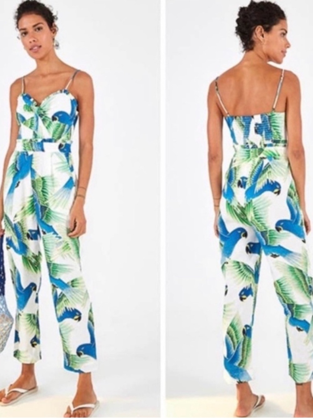 FARM Rio Blue & Green Parrot Print Strap Jumpsuit